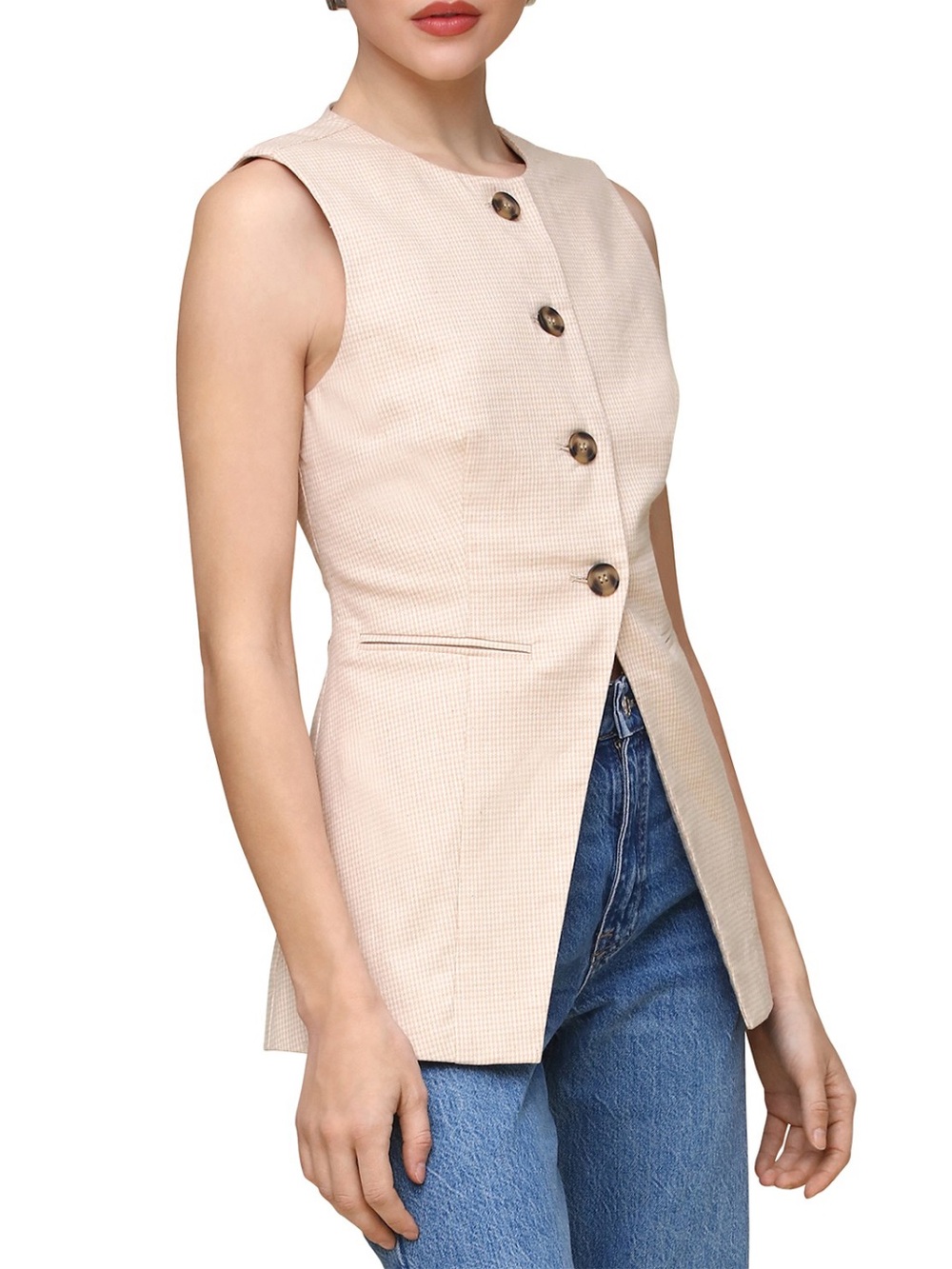 Bagatelle Gingham Wheat Longline Linen Blend Vest Size Lg - Picture 2 of 11